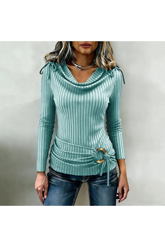 Womens Green Ribbed Cowl Neck Long Sleeve Top, Stretchy Pull-On Cinched Waist with Metal Ring Casual Business Top,Size 2XL