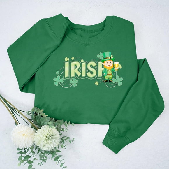 Avrnliq Womens Green St. Patrick's Day Crewneck Sweatshirt, Relaxed Fit Leprechaun Shamrock Print Irish Themed Top for Festive Parades & Daily Casual Wear,Size 3XL