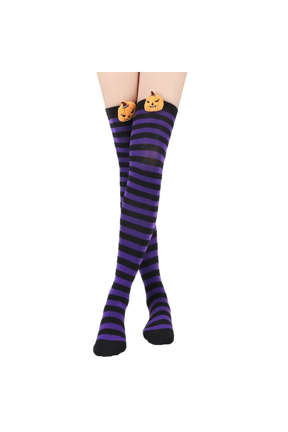 Womens Hall-oween Striped Over The Knee Socks - Purple with Pumpkin Decor, 100% Polyester, One Size Fits Most, 1 PC for Trick-or-Treating/Hall-oween Party,Size Free Size