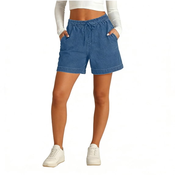 Avrnliq Womens High Waisted Denim Inspired Blue Shorts - Stretch Drawstring Waist, Side Pockets, Soft Breathable Casual Summer Shorts for Women,Size M