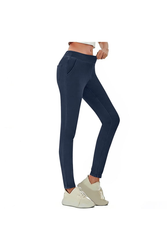 Womens High Waisted Leggings with Side Pockets, Blue Stretchy Rayon Polyester Slim Fit Leggings for Daily Casual & Light Activity, S-XXXL,Size S