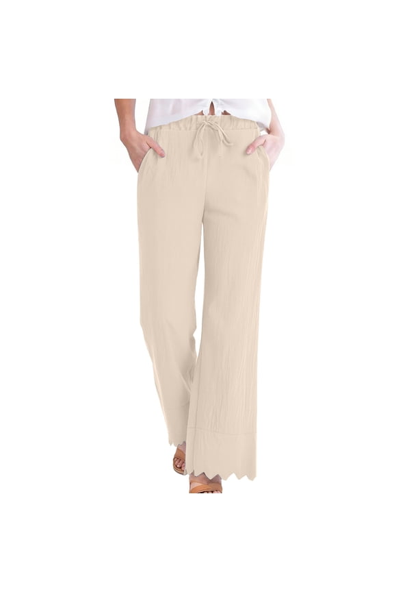 Womens High Waisted Linen Blend Wide Leg Pants Beige Scalloped Hem Drawstring Lounge Trousers with Pockets for Summer,Size 2XL