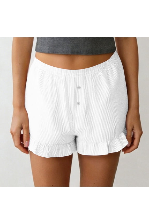 Womens High Waisted White Ruffle Hem Shorts, Stretchy Breathable Lightweight, Button Front Elastic Waist Tummy Control Casual Summer Everyday Wear,Size S