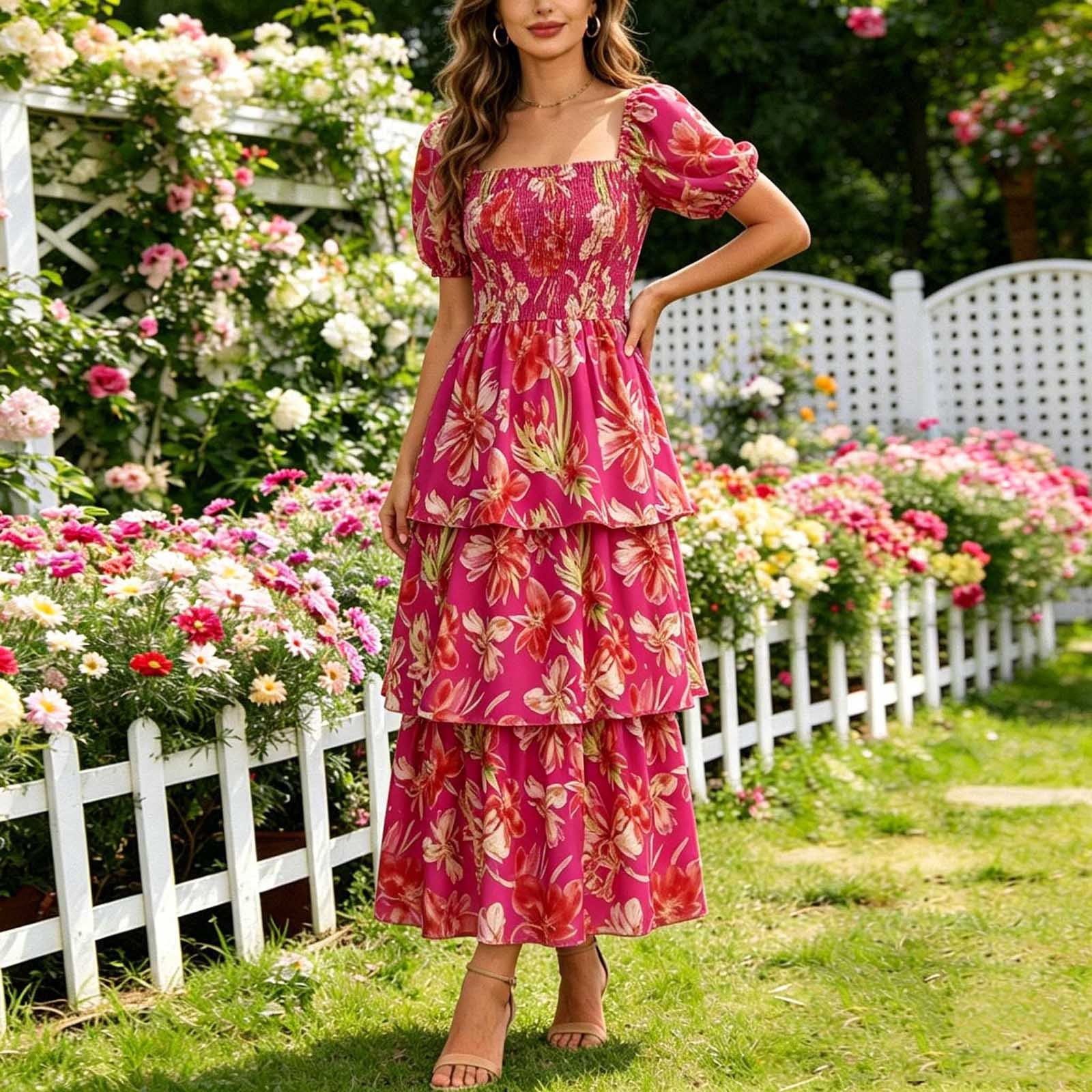 Avrnliq Womens Hot Pink Floral Tiered Maxi Dress Square Neck Short