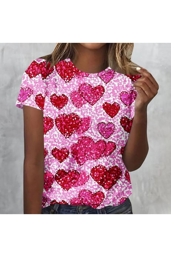Womens Hot Pink Valentine's Day Faux Glitter Heart Print Top - Short Sleeve Stretchy Crew Neck Casual Blouse S-XXXL,Size 3XL