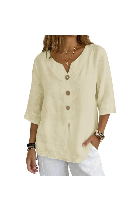 Womens Khaki 3/4 Sleeve Notch V-Neck Button-Front Blouse, Relaxed Fit Wrinkle-Resistant Tunic Top for Casual Office Layering Daily Outfits,Size L