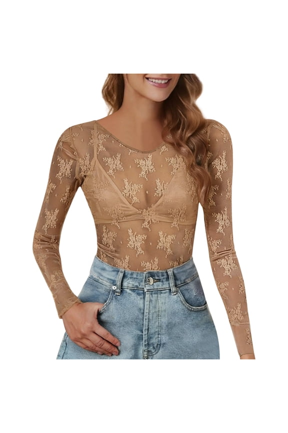 Womens Khaki Sheer Top Long Sleeve with Built-in Cami Fitted Lace Blouse Mesh Shirt for Casual Wear or Date,Size M