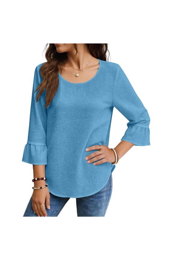 Womens Light Blue Blouse, 3/4 Flutter Sleeve Top with Ruffle Cuff, Relaxed Fit for Casual & Office, Easy Care Polyester Shirt,Size XL