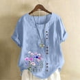 thumbnail image 1 of Avrnliq Womens Light Blue Floral Print Relaxed Fit Short Sleeve Top, Scoop Neck Side Button Curved Hem Easy Care Plus Size Shirt for Casual Outings,Size 4XL, 1 of 4