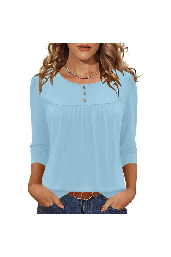 Womens Light Blue Henley Blouse 3/4 Sleeve Top with Ruched Neck & Puff Shoulder, Casual Relaxed Fit Polyester Spandex Shirt for Everyday & Office Wear,Size 2XL
