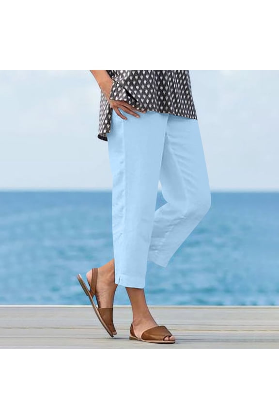 Womens Light Blue Mid-Rise Capris Wide Leg Wrinkle Resistant Utility Casual Pants,Size XL