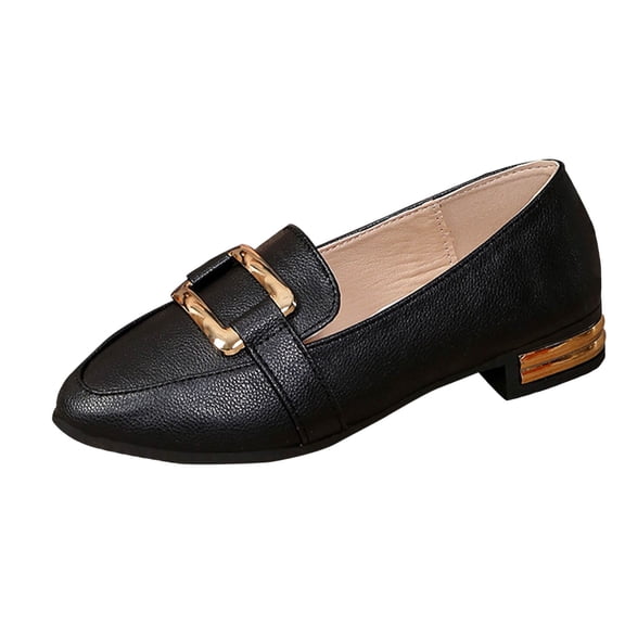 Avrnliq Womens Loafers Slip On Shoes Black Vegan Faux Leather Low Block Heel with Gold Buckle for Business Casual & Comfort,Size 36