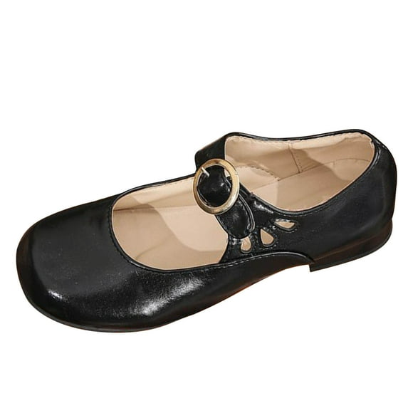 Avrnliq Womens Mary Jane Flats Low Heel Square Toe Comfortable Work Shoes Faux Faux Leather with Buckle Strap Black,Size 36