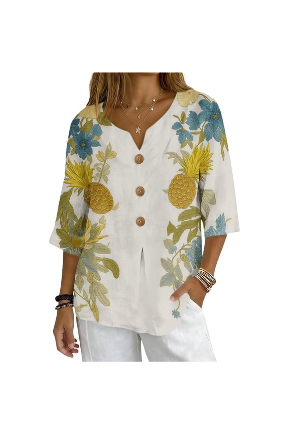 Womens Multicolor Tropical Pineapple Print Blouse, Relaxed Fit V-Neck Button Front Elbow-Length Sleeve Top ,Size XL