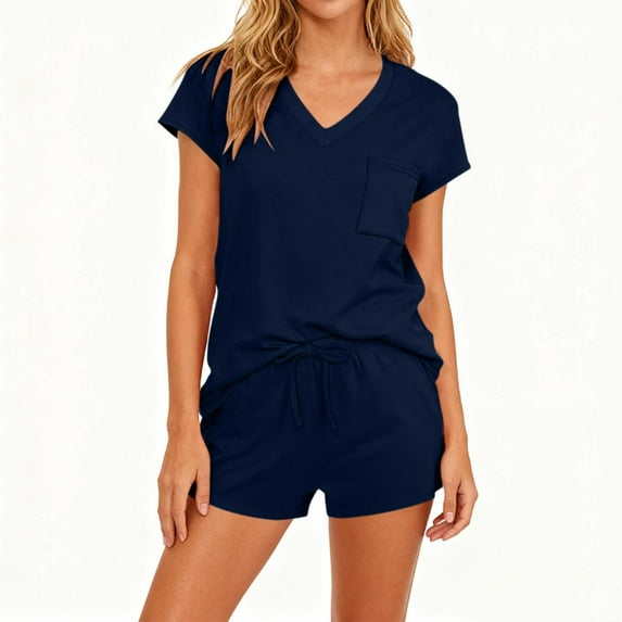 Avrnliq Womens Navy Two-Piece Romper Set, Comfortable V-Neck Short Sleeve with Drawstring Waist, Soft Stretch Fabric, Front Pocket & Knotted Hem (S-XXL),Size XL