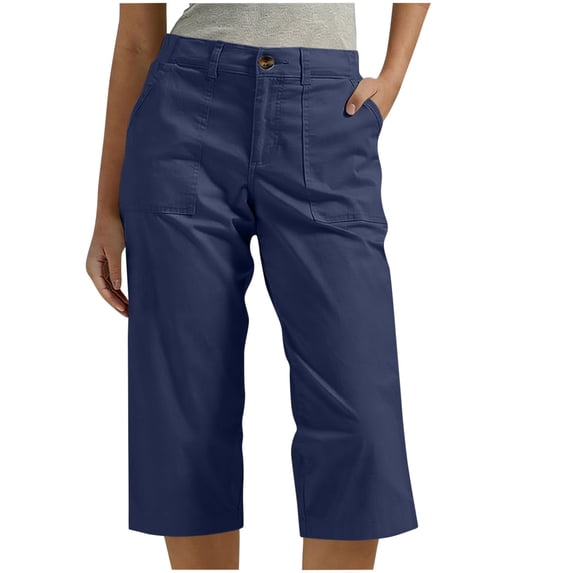 Avrnliq Womens Navy Utility Capris Mid-Rise Wide Leg Wrinkle Resistant Casual Pants,Size L