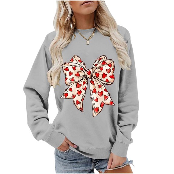 Avrnliq Womens Oversized Graphic Crewneck Sweatshirt - Gray Bow Heart Print Relaxed Casual Wear,Size XS