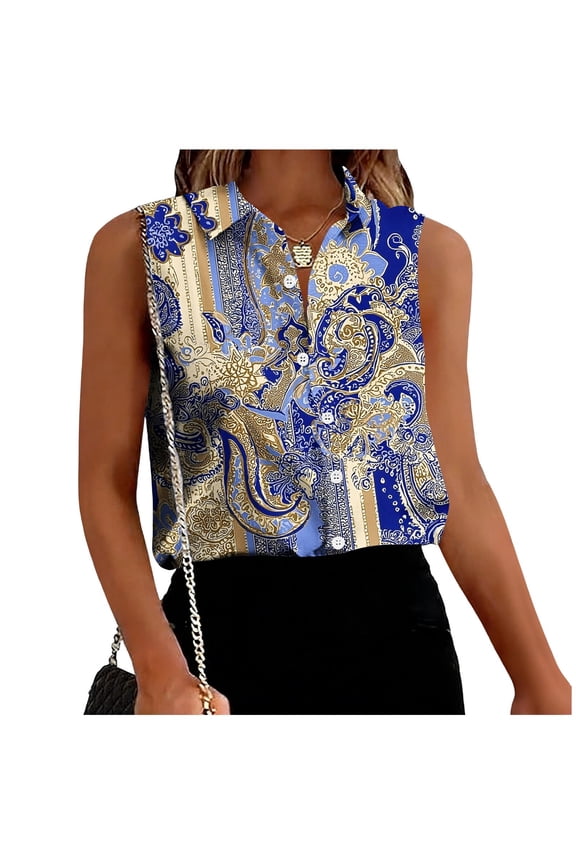 Womens Paisley Print Sleeveless Blouse, Collared V-Neck Button Down Stretch Top for Women S-XXXL,Size L