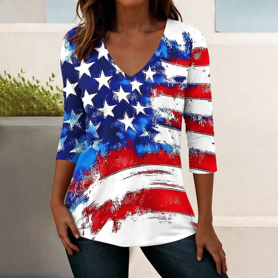 Avrnliq Womens Patriotic American Flag V-Neck Tunic Top, 3/4 Sleeve Distressed Watercolor Print, Blue, Casual Shirt for 4th of July, S-XXXL,Size 3XL