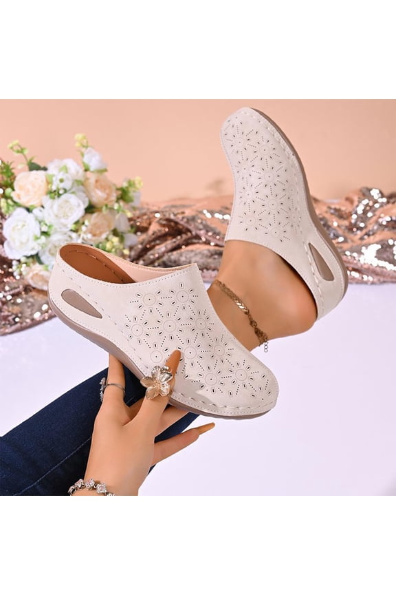 Womens Perforated Wedge Mule Clogs Breathable Slip On Summer Slide Sandals Beige Size 8