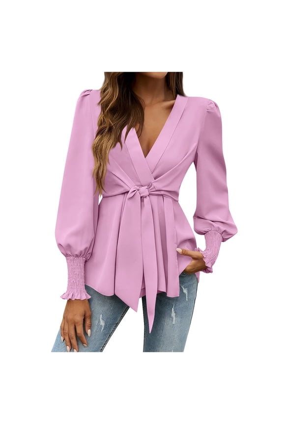 Womens Pink Elegant Wrap Blouse, Stretch Fabric with Deep V Neck Long Puff Sleeve, Self Tie Waist Dressy Blouse for Casual Office Date Night Wear,Size M