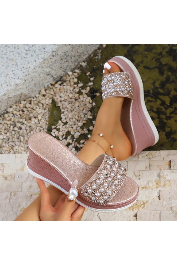 Womens Pink Embellished Wedge Slide Sandals, Faux Pearl Rhinestone Slip-On Platform Open Toe Dressy Comfort Summer Wedding Sandals,Size 6