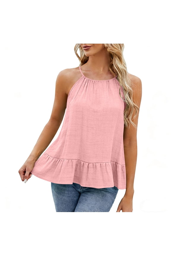 Womens Pink Halter Top Casual Summer Blouse - Sleeveless Loose Fit Top with Ruffled Hem & Ruched Neck 100% Polyester,Size M