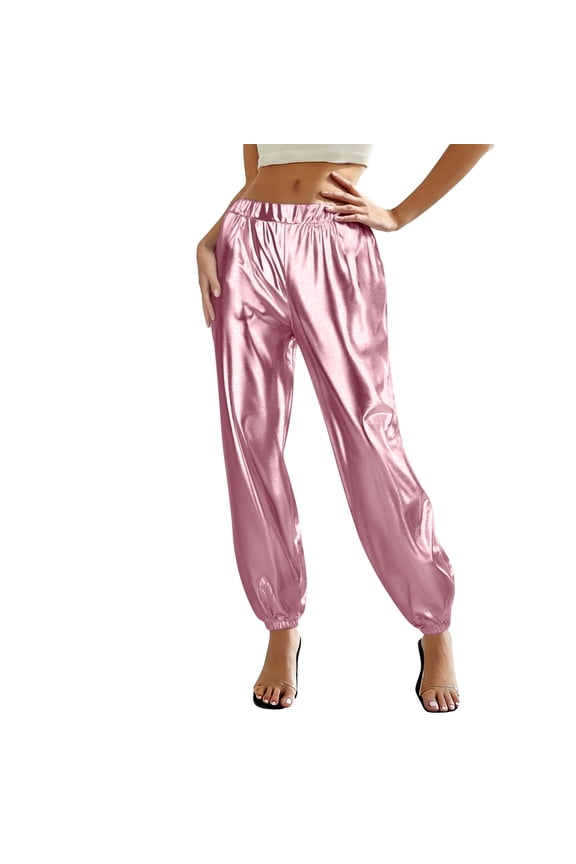Womens Pink Metallic Satin Joggers, High Waist Shiny Harem Pants, Elastic Waist Baggy Tapered Ankle, XS-XXXL for Party Festival Night Out,Size S
