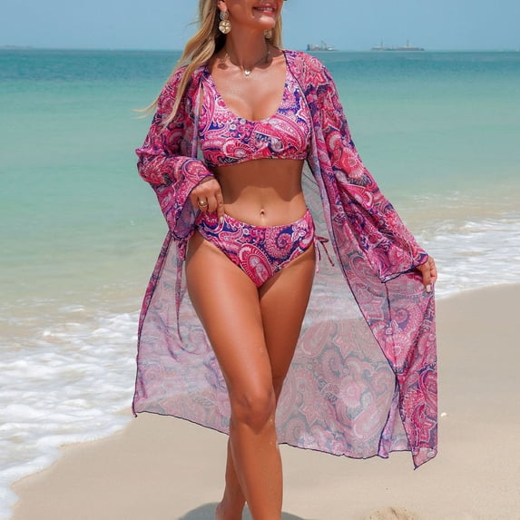 Avrnliq Womens Pink Paisley Bikini Set 3-Piece with Flowy Kimono Cover Up, Quick Dry UPF Sun Protection ,Size S