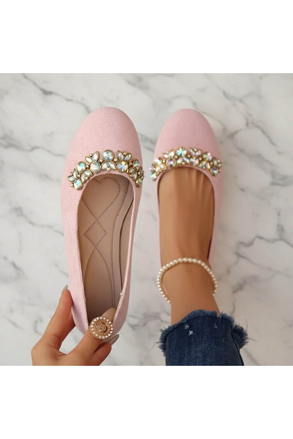 Womens Pink Rhinestone Ballet Flats Sparkly Crystal Slip-On Shoes Comfortable Flock Suede Round Toe for Wedding & Work,Size 6