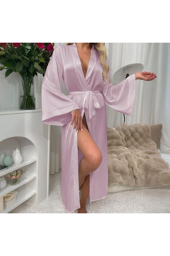 Womens Pink Satin Robe, Ankle-Length Silky Bathrobe with Bell Sleeve & Tie Waist, Elegant Flowy Loungewear,Size M
