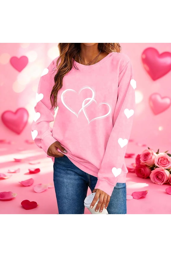 Womens Pink Valentine's Day Hoodie for Her, Cute Oversized Sweatshirt Gift with Romantic Heart Print, Soft Fleece Matching Couple Pullover,Size S