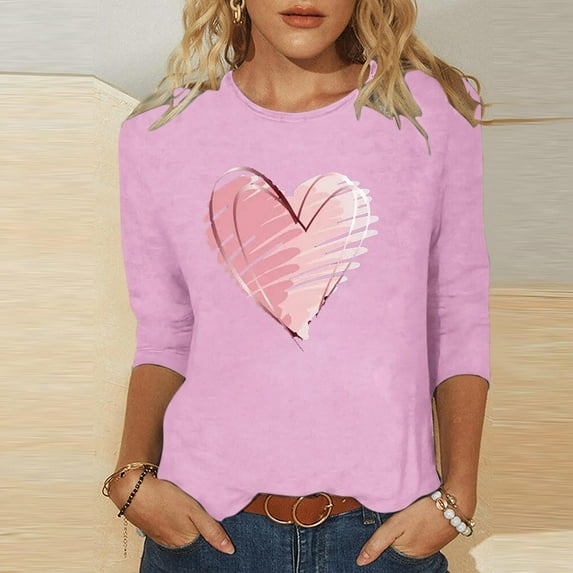 Avrnliq Womens Pink Valentine's Day Outfit Heart Love Graphic Top Soft Stretch Casual Crew Neck Shirt for Valentine's Day Date Night Holiday Wear,Size 2XL