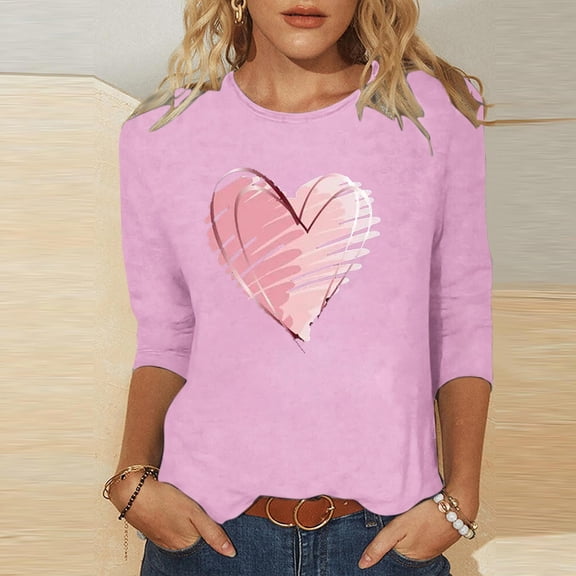 Avrnliq Womens Pink Valentine's Day Outfit Heart Love Graphic Top Soft Stretch Casual Crew Neck Shirt for Valentine's Day Date Night Holiday Wear,Size L