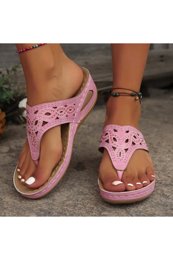 Womens Pink Wedge Thong Sandals, Comfort Low Wedge Flip Flops with Cushioned Footbed, Breathable Slip On Casual Summer Sandals,Size 7