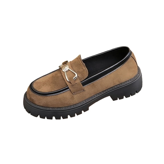 Avrnliq Womens Platform Loafers Chunky Sole Slip On Taupe Brown Velvet Buckle Flats Comfort Casual Shoes,Size 37