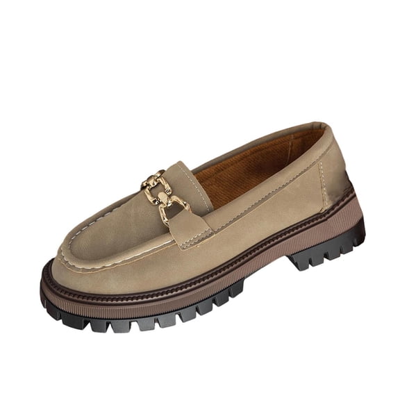 Avrnliq Womens Platform Loafers Slip On, Khaki Chunky Sole Casual Shoes with Gold Chain Buckle for Women,Size 36