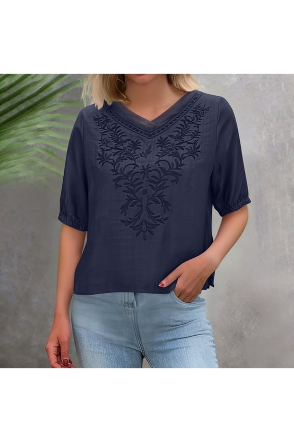 Womens Plus Size Boho Embroidered Blouse V-Neck Cotton Tunic Top Casual Loose Elbow Sleeve Floral Detail Navy,Size 4XL