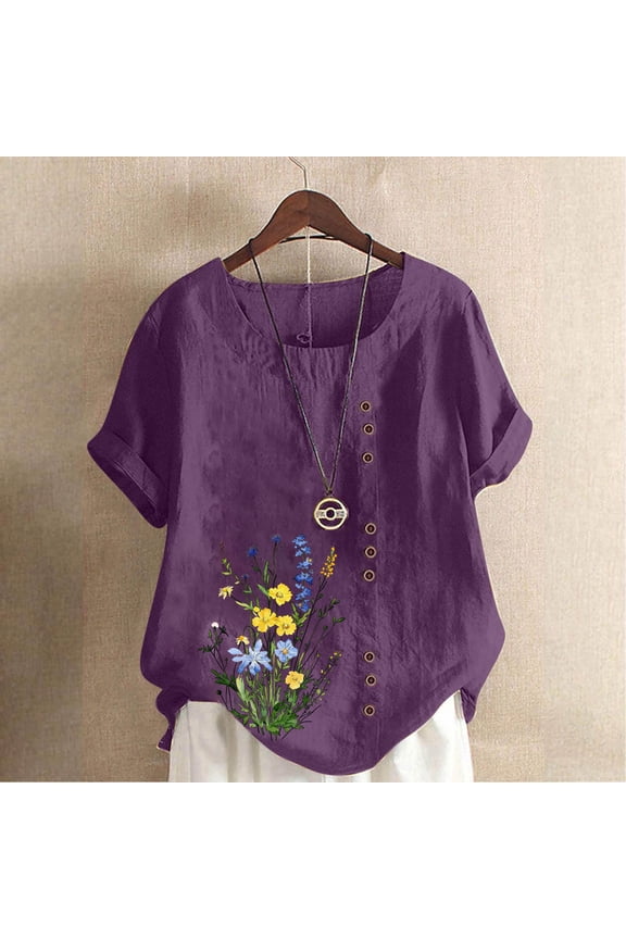 Womens Plus Size Floral Short Sleeve Blouse, Loose Fit Round Neck Top with Back Tie, Purple,Size 3XL