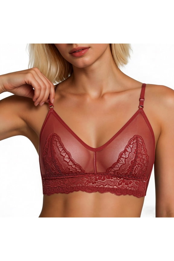 Womens Plus Size Lace Bralette Wireless Comfort Bra V Neck Seamless Adjustable Strap Pullover Top Red,Size M