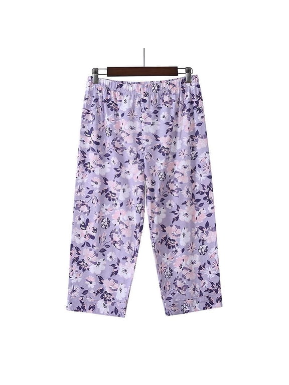 Womens Plus Size Pajama Pants Floral Print Cotton Capri Pants, Elastic Waist Relaxed Fit Breathable Summer Casual Trousers for Daily Wear, Purple,Size 2XL