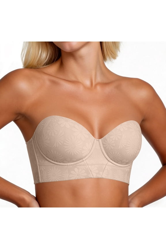 Womens Plus Size Strapless Push Up Bra Floral Jacquard Sweetheart Neckline Non Slip Silicone Grip Wireless Comfort Daily Wear Beige,Size 34C