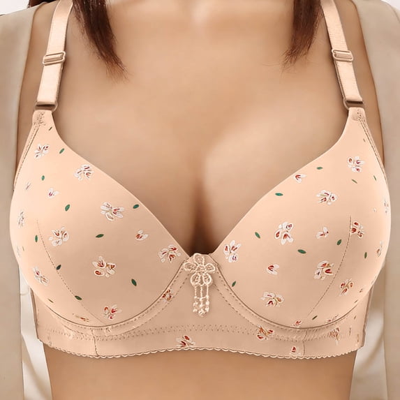 Avrnliq Womens Plus Size Wireless Comfort Bra Beige Breathable Stretchy Molded Cup Adjustable Straps Floral Dotted Accents Daily Wear Home Office,Size 3XL