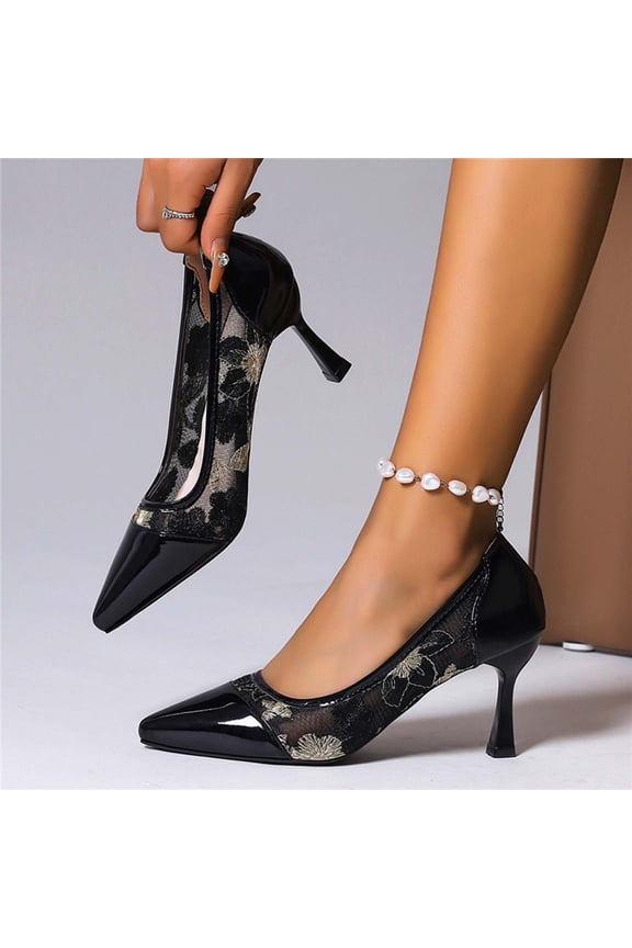Womens Pointed Toe Floral Lace Pumps, Black Patent Faux Leather Mid Heel Dress Heels, Comfortable Stable Office Party Formal Shoes for Women (Sizes 6-12),Size 42
