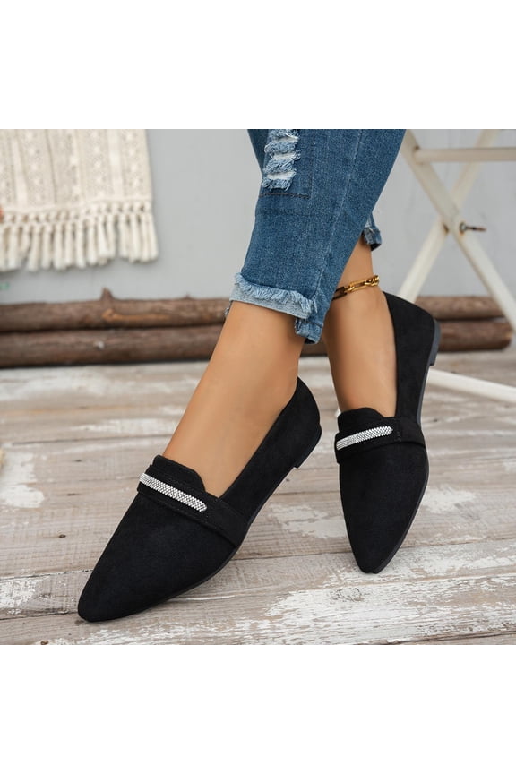 Womens Pointed Toe Slip On Flats, Rhinestone Accent Flock Suede-Like Comfortable Dress Flats for Office Work Daily Casual Wear, Black, US Sizes 5.5-9.5,Size 41