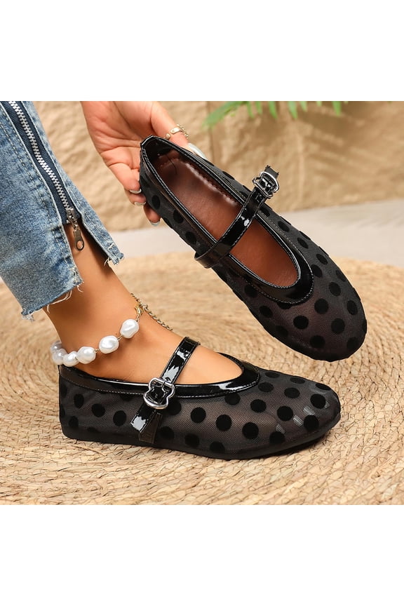 Womens Polka Dot Mary Jane Flats Adjustable Strap Round Toe Comfort Casual Fashion Shoes for Summer Daily Office Wear,Size 43