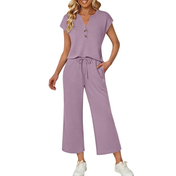 Avrnliq Womens Purple Two Piece Top and Pants Set, Stretch Breathable V Neck Cap Sleeve Top & Drawstring Wide Leg Cropped Pants, Casual Everyday Wear,Size XL