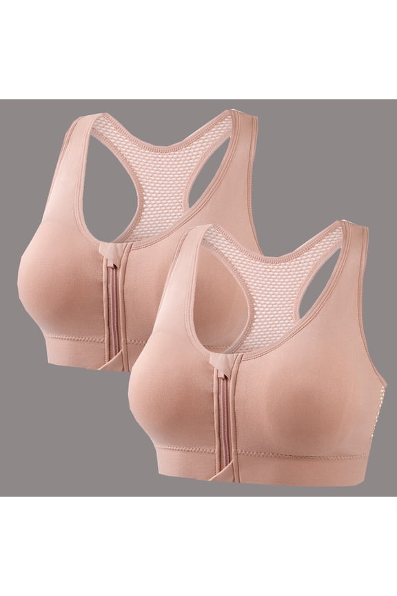 Womens Racerback Wire Free Sports Bra 2-Pack Breathable Mesh Front Zip Design Soft Stretch Wide Strap Comfort Loungewear Rose Gold,Size 2XL