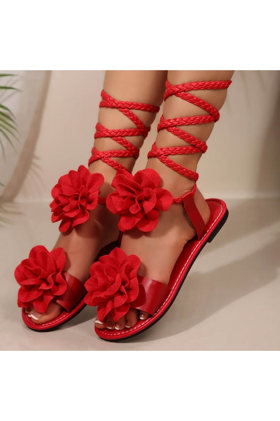 Womens Red Bohemian Gladiator Sandals, 3D Floral Braided Lace-Up Wrap Open Toe Flat Sandals for Summer Beach Vacation,Size 42