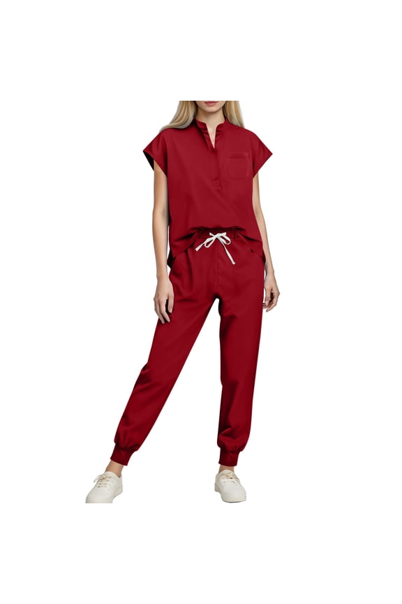 Womens Red Cap-Sleeve Scrub Top - with Chest Pocket for Nurses & Healthcare Workers,Size L